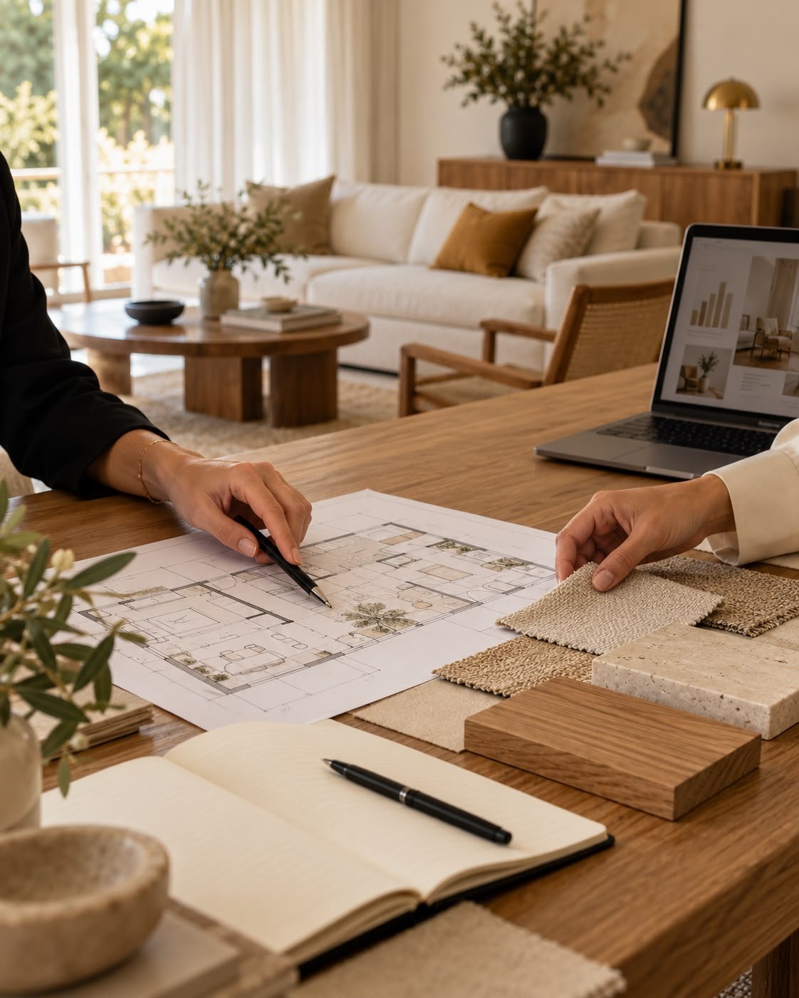 Consultoria imobiliária: plantas e amostras de materiais numa reunião de trabalho